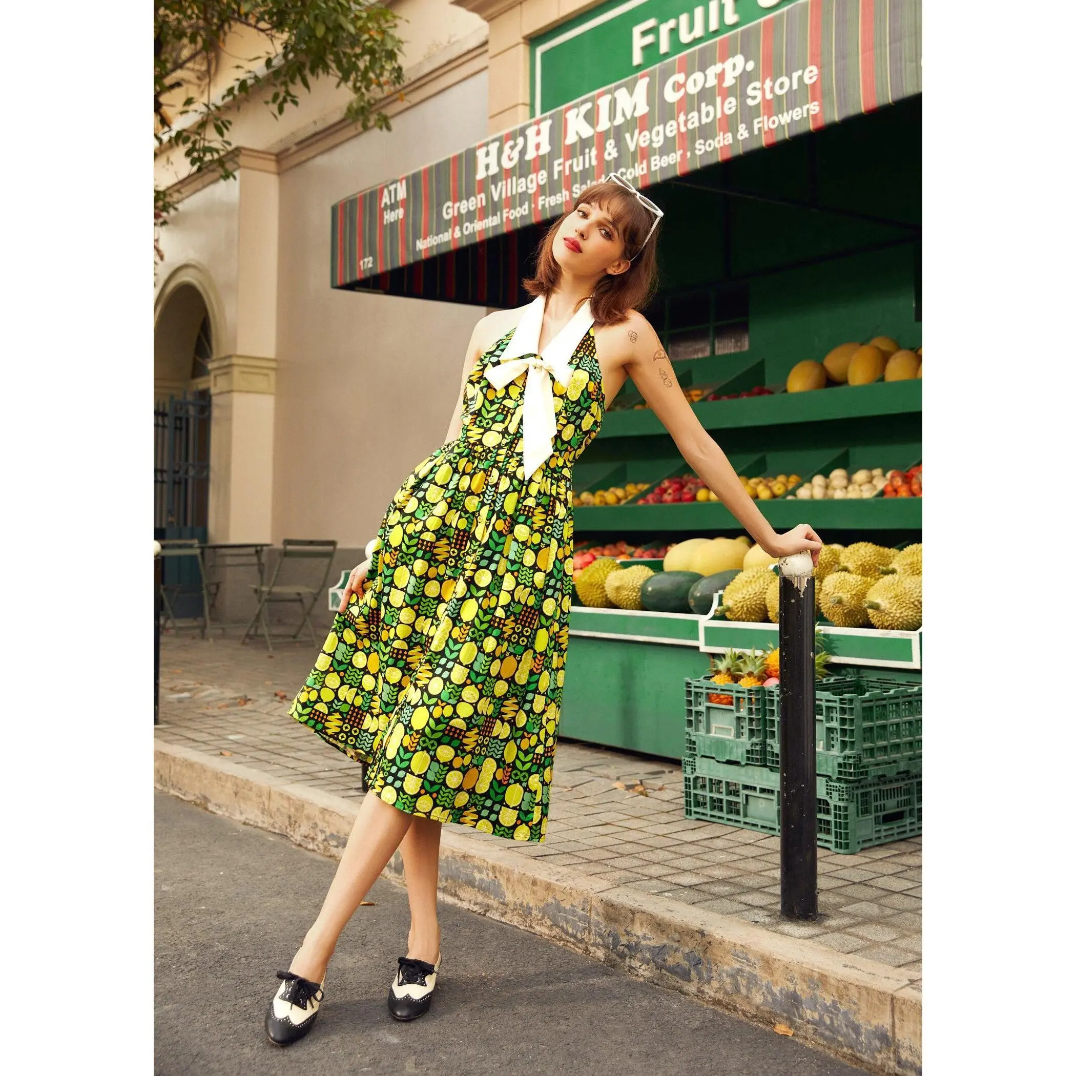 ModCloth Main Squeeze Mod Midi Halter Dress Lemon Fruit Print (XS-4X)