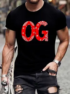 Men's Plus Size Graphic T-Shirt - OG Red & White Bandana Print, Breathable Lightweight Fabric, Casual Street Style Round Neck Tee for Urban Fashion & Casual Attire, Everyday Tshirt Bold Graphic Tee Comfortable Fit, PLUS SIZE