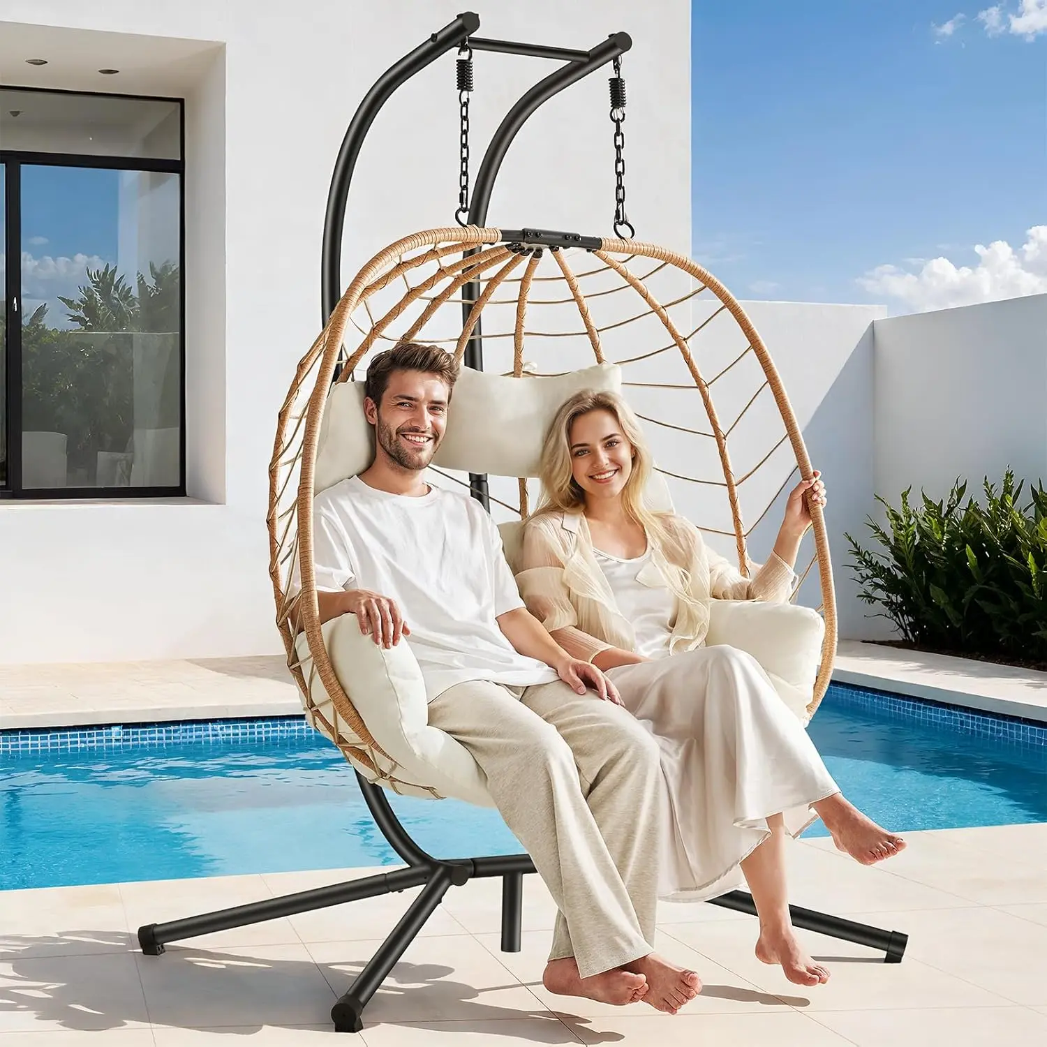 【TiktokShopStockUp】ONBRILL Double Egg Hanging Seat with Stand - Outdoor Patio Furniture, 2-Person Neutral Tone Swing Seat with Cushions & Headrest, 650lbs Load Capacity Indoor-Outdoor Hammock Loveseat for Patio, Bedroom