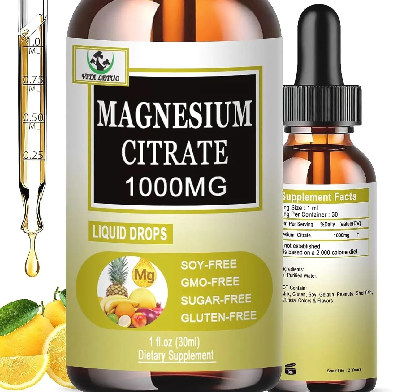 Magnesium Citrate Liquid Drops | High Absorption Liquid Magnesium Supplement for Sleep, Muscle & Heart Support - Magnesium Citrate 1000mg for Adults Women & Men - Vegan | Non-GMO - 30 Servings