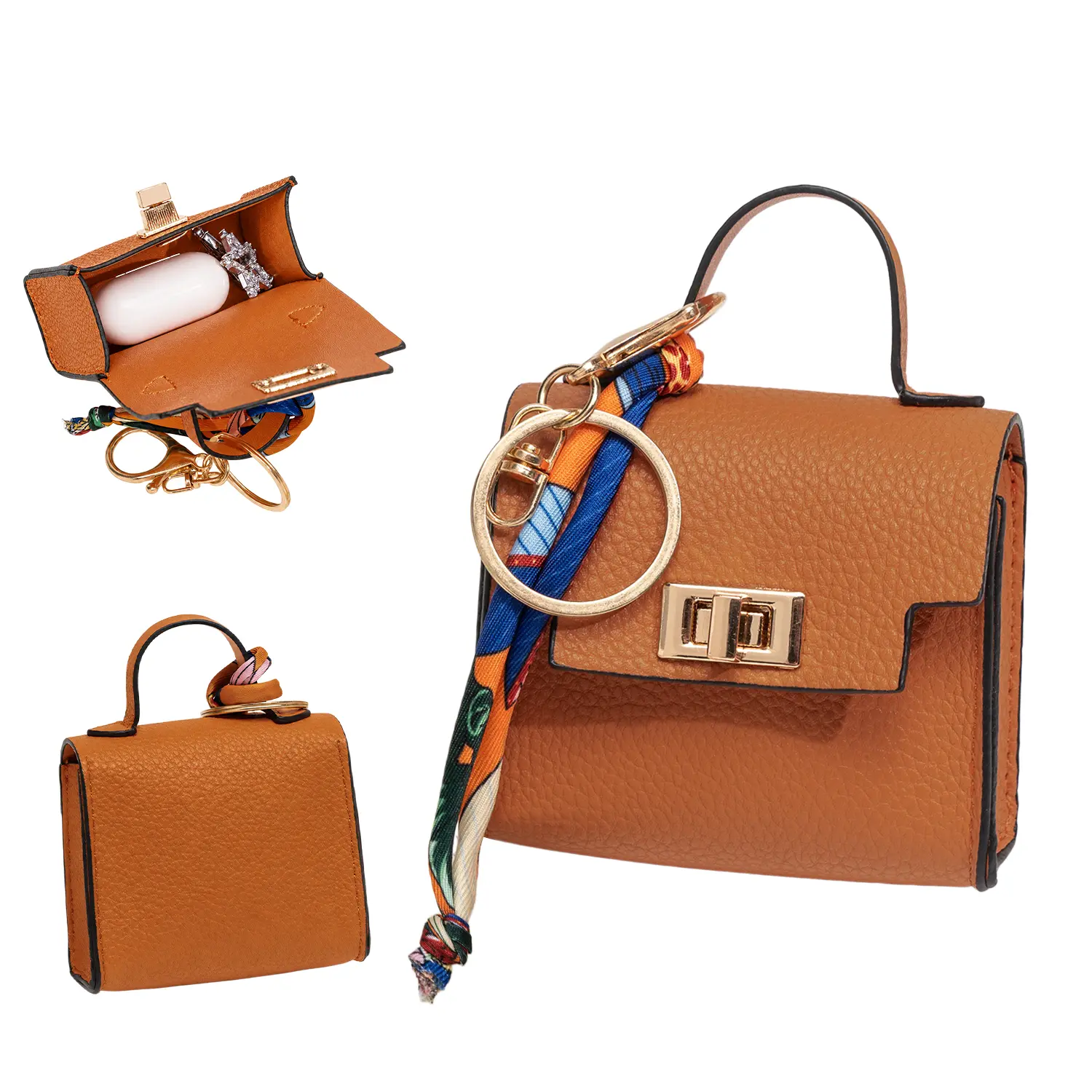 Mini Square Leather Earbud Case Keychain, Luxury Tiny Handbag Bag Charm with Silk Scarf Strap, Portable Mini Pouch for Airpods Lipstick Earrings, Cute Clip On Bag Accessory for Women