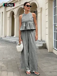 Women's Fashion Casual Plaid Round Neck Fitted Sleeveless Ruffle Hem Cropped Top + High Waist Straight Leg Pants Set, Stylish and Comfortable