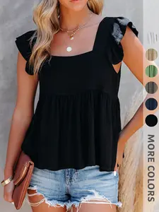 New Summer Women's Sleeveless Ruffled Shoulder Square Neck Tank Top, Elegant Chic Sweet Feminine Fashion Breathable Versatile T-Shirt, Fitted Style, Womenswear