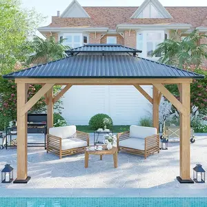 【Ships in 4 Boxes】[MothersDayGift] AMERLIFE 10x12 FT Wood Gazebo Lounge, Hardtop Gazebo with Iron Roof Double Roof Design, Outdoor Gazebo with Wood Frame for Patio, Garage, Lawns, Parties