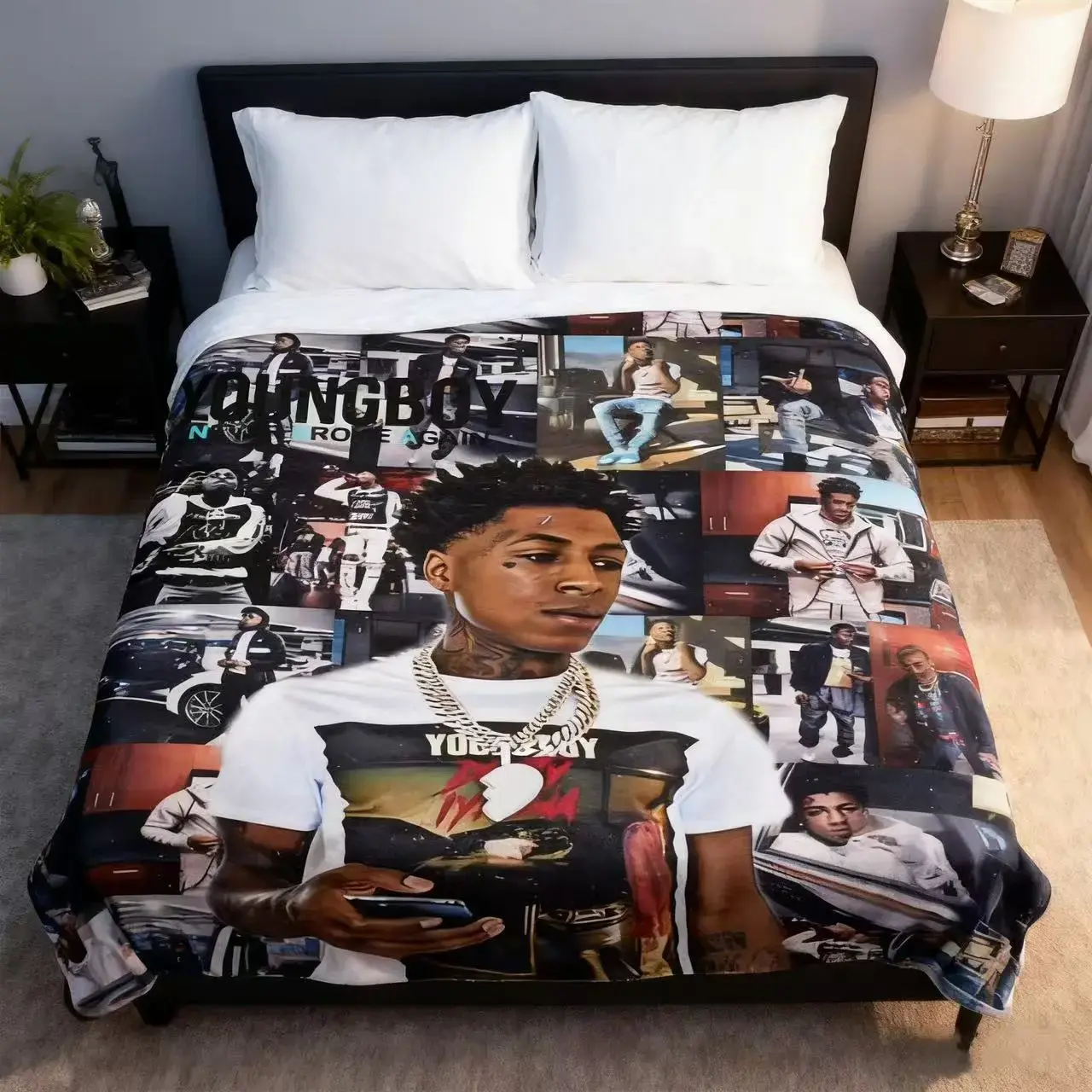 YoungBoy Never Broke Again Blanket, Portrait Flannel Bed Throw for Bedroom and Car, Rap Music Wall Style Decor for Teen Rooms, Soft Couch Nap Cover, Birthday or Christmas Present for YoungBoy Collectors and Rap Fans