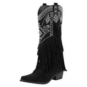 Women's Rhinestone Fringe Knee High Western Boots Pointed Toe Cowboy Boots with Aztec Embroidery and Tassel Detail for Western-Themed Outfits