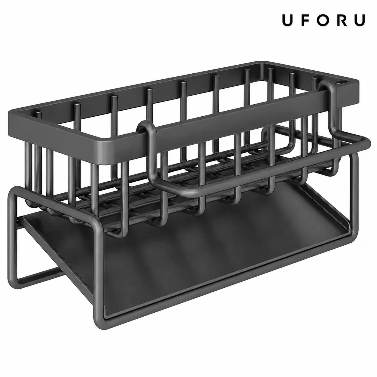 UFORU Compact Modern Freestanding & Space-Saving Kitchen Sink Caddy, Rust-Resistant Metal Organizer with Built-In Drip Tray, Brush Holder, Dishcloth Bar, Countertop Rack for Dish Soap & Scrubbers, Black/Gray, Collects Water And Soap Residue