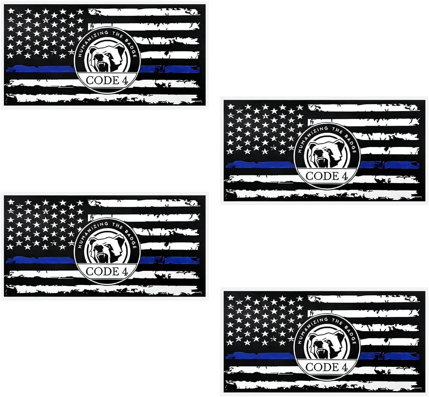 4 PCS Large Thin Blue Line Code 4 Flag Stickers, Water Resistant PVC Vinyl Police Support Decals for Car Window, Universal Law Enforcement Decorative Stickers for Laptop, American Flag
