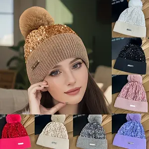 Women's Winter Glitter Sequins Acrylic Beanie - 1pc Fashion Matching Hat, Elastic, Breathable, Adjustable Slouchy Soft Warm Cap for Party, Outdoor Activities (12+ Colors)