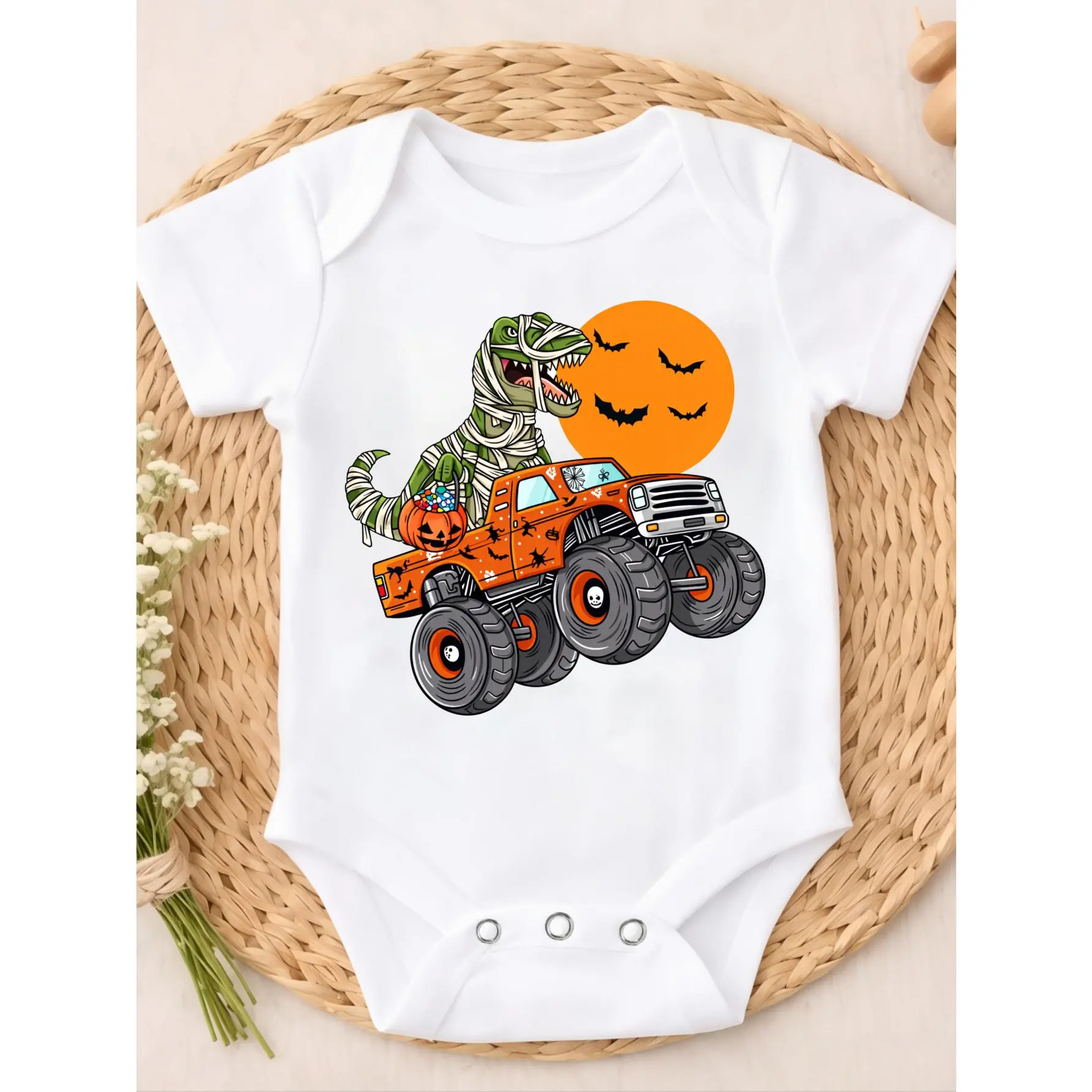 Unisex Halloween Cute Baby Bodysuit - Onesies for Babies, Mummy Dinosaur Driving Orange Monster Truck & Pumpkin Moon Print, Soft Knitted Fabric, Round Neck, Button Detail, Regular Fit, All Seasons, for 0-12 Months