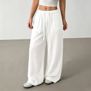Women’s summer solid-color casual pants for couples, lightweight breathable long pants, minimalist versatile design, everyday loose fashion trousers suitable for vacations and daily wear, 100% polyester material
