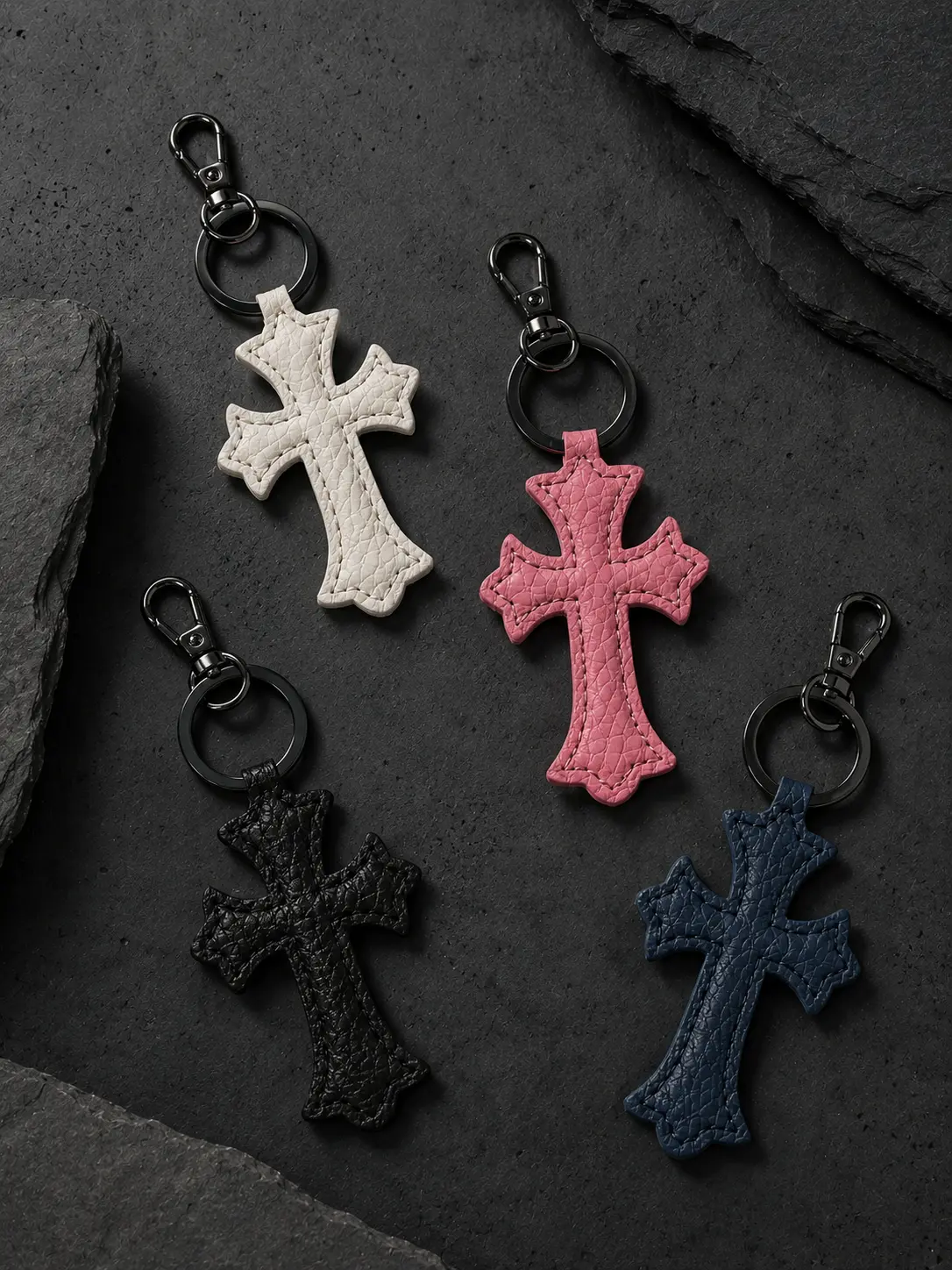 Leather Cross Keychain Silver Key Ring Gothic Cross Bag Charm Pendant