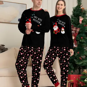 Christmas Couple Pajamas Set, Top with Santa & Snowman Print, Trim Pants, Soft Comfortable Home Wear for Fall Winter
