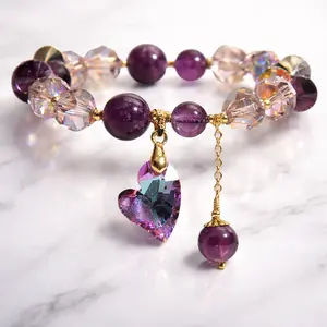 Purple Crystal Heart Charm Beaded Bracelet Gold Plated Sparkling Faceted Gemstone Jewelry Daily Wear Accessories for Women Valentines&birthday Boujee Gifts for gf Mother's Day gift