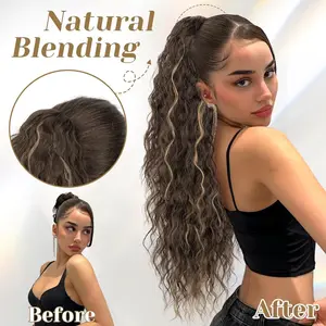 Ponytail Extension 30 Inch Drawstring Pony Tails Hair Extensions for Women Long Curly Ponytail Synthetic Hairpieces for Daily Use（Brown with Blonde Highlights）