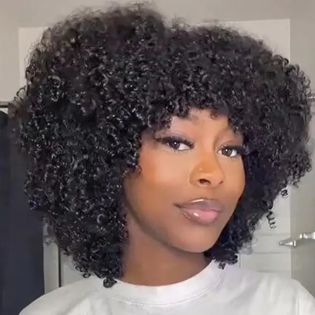HerGivenHair Glueless Human Hair Full Machine Wig - 3B-3C Curly Texture, Bang Style, 14 inches-18 inches, Shake N Go Design, Eliminates Daily Heat Styling, Ideal for Natural Hair Beginners, Female, Eco Packaging, Effortless For Natural Hair Beginners