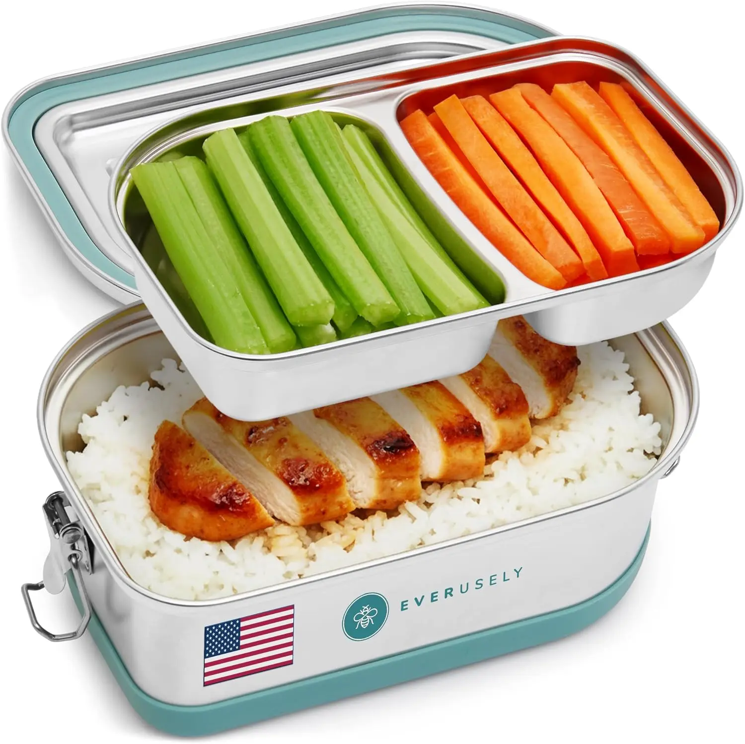 Everusely Stainless Steel Tiered Bento Lunch Box 50oz - Leaf-Shaped 2-Layer Leak-Free Multi-Compartment Container with Removable Divider, Lockable Silicone Ring Lid, Dishwasher/Freezer/Oven-Safe Portable On-the-Go Lunch Solution (Ideal for Work, School),,
