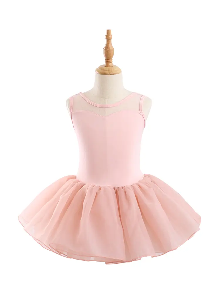Girls’ Dusty Pink Ballet Mesh Dress – Sleeveless Mesh Top with Mesh Neckline for Dance Practice