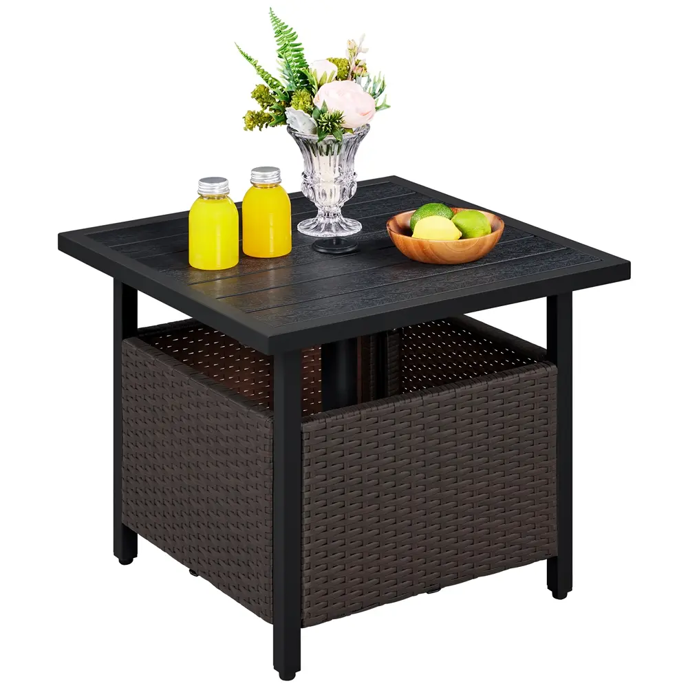 Yaheetech Rectangular HDPE Rattan Outdoor Side Table - Iron-Framed, Lightweight, Flexible, 265lb Capacity, 15.4" Pole Tube Umbrella Hole, Black for Garden, Poolside Use