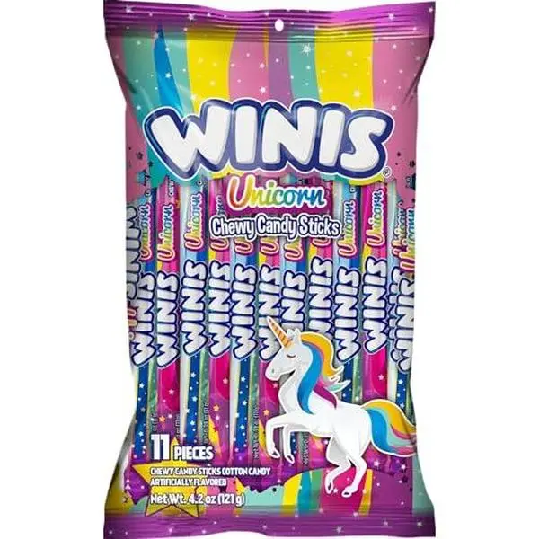 Winis Unicorn | Cotton Candy Chewy Taffy Swirl | 4.3 Oz, 11 Pieces | Chewy cotton candy flavored swirls, non-melting and party ready, sharing size 4.3 oz bag with 11 pieces