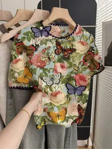 1 piece + French retro loose crew neck Chic elegant short-sleeve contrast trim beige Lady's Round neck knitwear top with Multicolor colorful floral prints, spring and summer top, summer casual Womenswear, white top, casual top, knitted