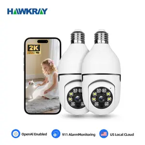 【2PC Bulb Camera E26/E27 Socket】Hawkray 2K Security Camera Light Bulb, 5G & 2.4GHz Dual-Band WiFi, AI Motion Detection, Color Night Vision, Two-Way Audio, US Local Cloud Storage, 911 Alarm Monitoring