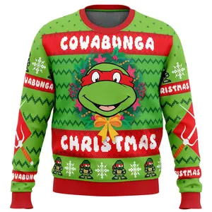 [HOT UGLY] Teenage Mutant Ninja Turtles Cowabunga Christmas Ugly Sweater – Funny Raphael TMNT Holiday Pullover, Retro Green Red Xmas Party Outfit for Men Women Kids Fans