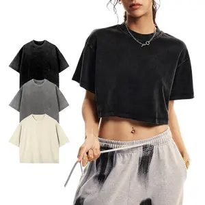 ARSSM Cropped T Shirts for Women Vintage Acid Wash Tees Short Sleeve Cotton Crop Top