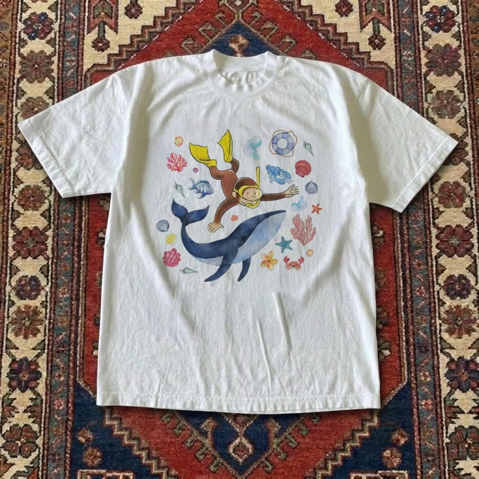Men's & Women's Fashion Knitted Christmas Garment, Casual Short-Sleeve Graphic Tee with Retro Underwater Dive Monkey Whale Seashell Coral Prints, Loose Summer Vacation Sports Top, Shortsleeve