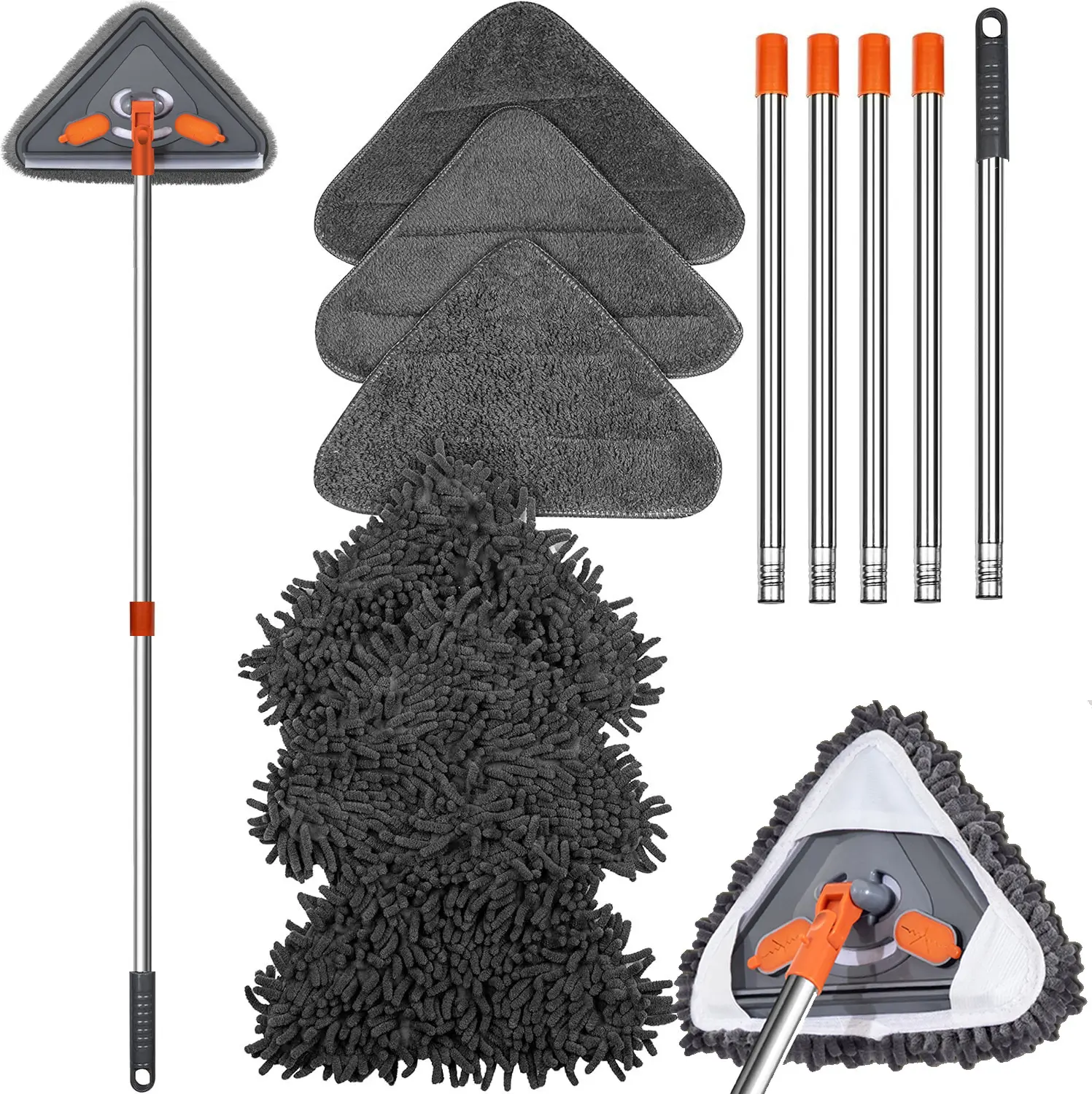 3-in-1 Long Handle Wall & Ceiling Cleaner Mop (85in Extension Pole), Squeegee, Cleaning Scraper, Adjustable Length, 6-Pack Replacement Microfiber Heads & Chenille Pads, Cleaning Scraper Mops