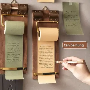 Vintage Wall Mounted Roll Paper Note Holder Wooden Memo Clip Tearable Blank Note Roll for Home Office Desk Decor