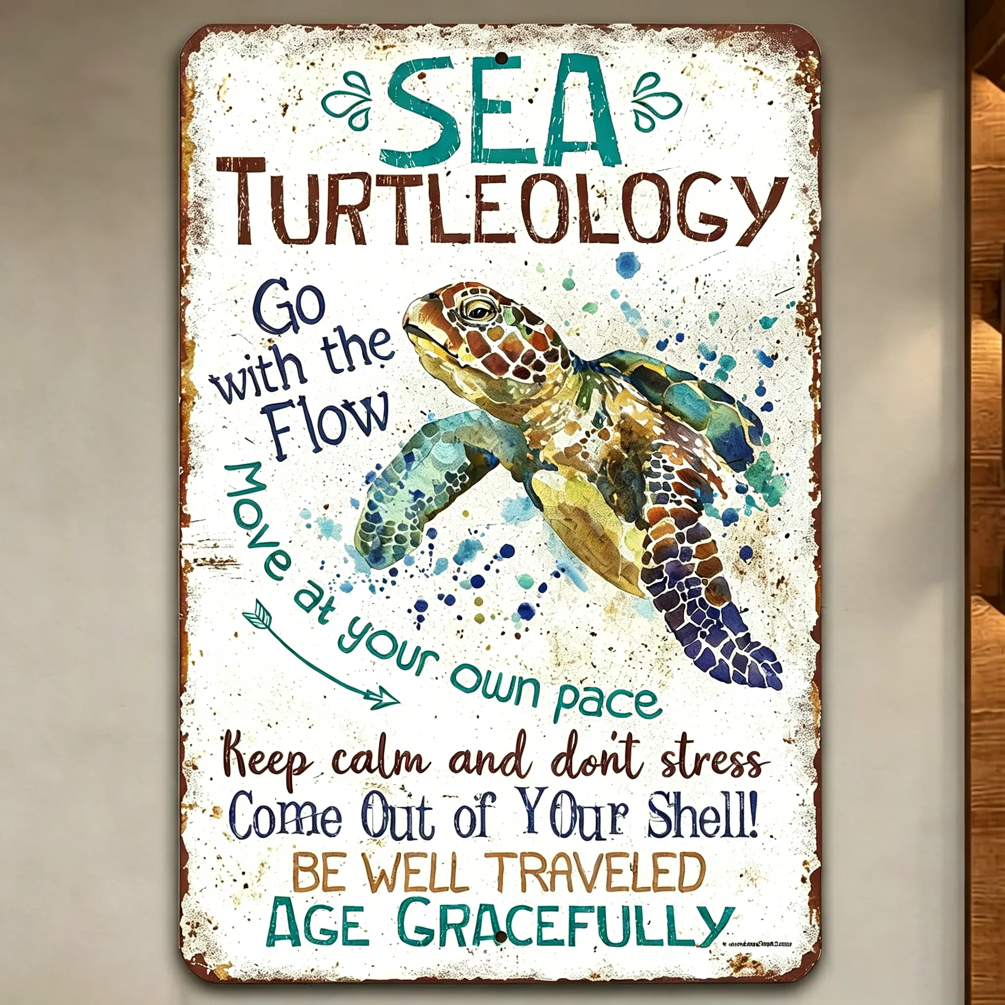 Vintage Sea Turtle Metal Sign | Go With The Flow, Move At Your Own Pace, Anti-Stress Inspirational Wall Decor "Keep Calm & Don’t Stress" Coastal Decor For Slow Living Lovers Gift For Slow Living & Beach Lovers Coastal Decor For Bathroom, Patio, RV