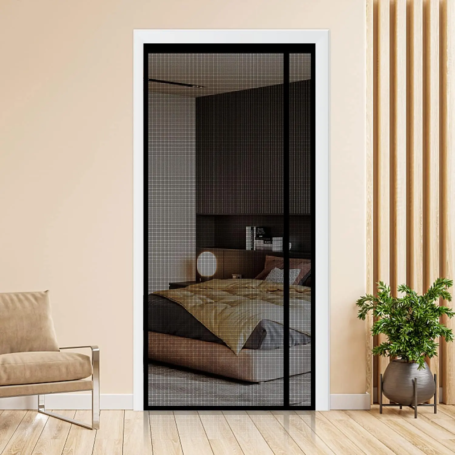 Fireproof Synthetic Non-Drilling Curtain Mounting Screen Door, Reversible Left-Right Opening, Durable Fiberglass, Hands-Free, Fits 36x82in & 37.4x82.7in, for Patio, Black, Mesh Window Screen Compatible, 37.4 X 82.7 Inch, Hook And Loop Tape, Sun Protection