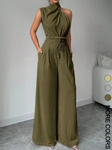 Women's Solid Color Fitted Crop Tank Top & Wide Leg Pants Two-piece Set, Elegant Fashion Casual Top & Trousers for Daily Outdoor Wear, Women's Clothing for Summer, Sleeveless