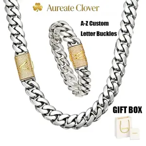 Custom A–Z two-tone Cuban chain set: 14 mm silver chain with gold letter clasp • Oxidation-resistant, shower-safe stainless steel • Personalized hip-hop style graduation ceremony party jewelry timeless shine anniversary valentine birthday gift