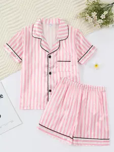 Girl's pink and white striped pajamas set, short sleeved shorts set, suitable as a gift for children