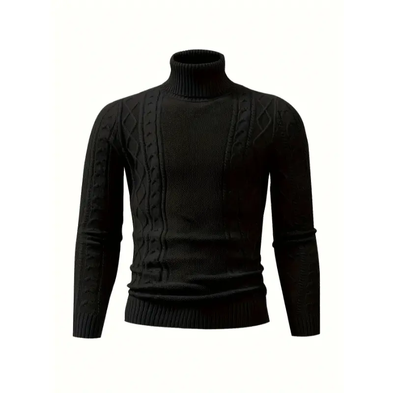 2025 New Premium Men's Brown Plaid Pattern Turtleneck Sweater - Casual Knitted Thermal Pullover Fall/Winter Warmth