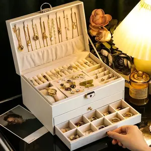 Large-Capacity Three-Layer Jewelry Box,  Leather Multi-Functional Jewelry Box, Watch Box With Lock, Storage Box, Ring Earrings Necklace Storage Container.