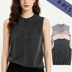 1/4 Pack Women's Loose Fit Sporty Retro Heavyweight Pure Cotton T-Shirt, Washed Loose Fit Sports T-Shirt, Sleeveless Vest, Women's Top, Shirt