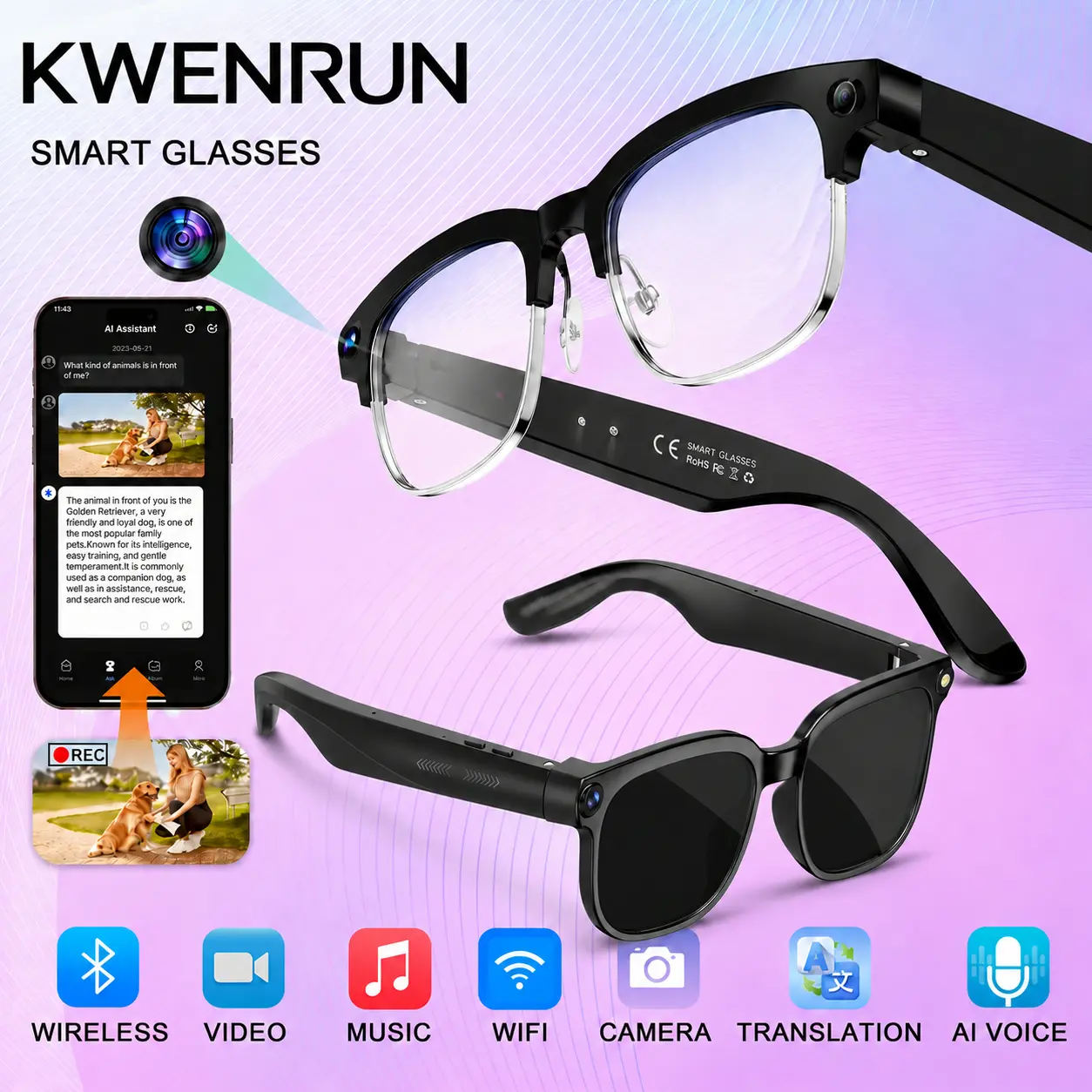 AI Smart Camera Glasses, 8MP Photos, 1080P POV Video, App-Powered AI Voice Assistant & Real-Time Translation, Voice Recording, Music & Hands-Free CallsTravel, Meetings, Cycling & Stylish Daily Wear&Tech Gifts