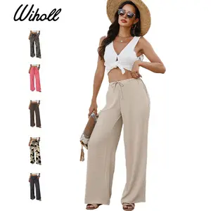 Wiholl Wide Leg Pants for Women Flowy Palazzo Drawstring Elastic Waist Trousers with Pockets Summer Beach Vacation Clothes