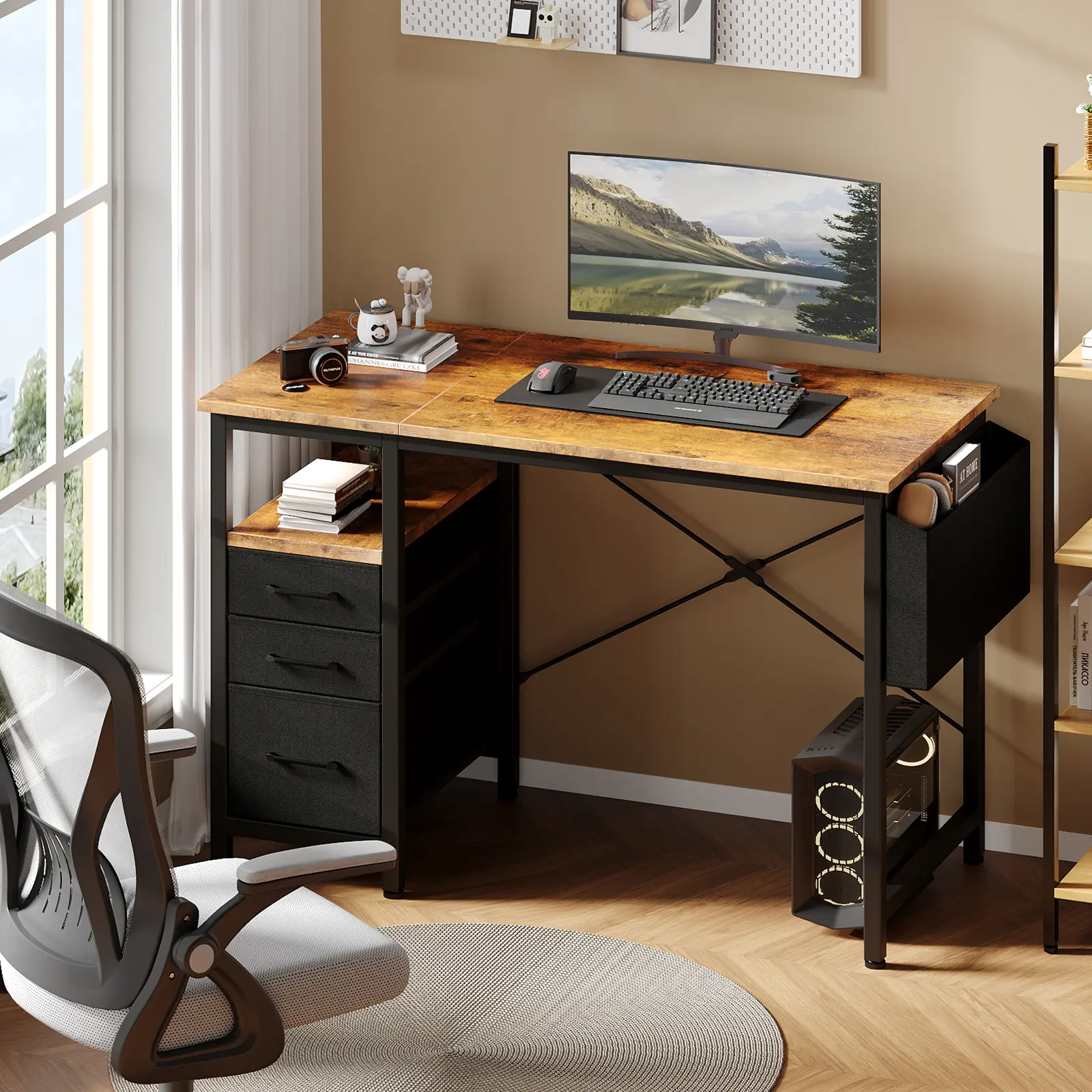 Sweetcrispy Sturdy Ergonomic Gaming Desk - Hybrid PC Table, Minimalist Modern Office Furniture with Power Outlet, LED Strip, Reversible Storage Shelves, Home Study Table, Home Office Desks, Assembly Required, Sturdy Computer Desk