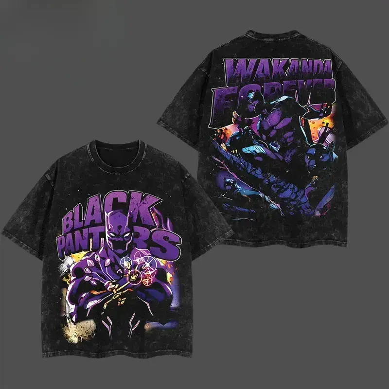 Vintage Black Panther Double Sided Washed T Shirt Front BLACK PANTHERS Character Graphic Back WAKANDA FOREVER Panther Art Purple Tone Print Oversized Unisex Superhero Short Sleeve Streetwear Tee