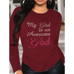 Women's Long Sleeve T-Shirt Religious "My God Is An Awesome God" Rhinestone Graphic Tee Faith - Filled And Sparkly Top For Casual Daily Wear Church Events And Spiritual Style Statements