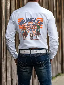 Men's Western Style Button Shirt, Long Sleeve Denim Print with Wrangler Back Design, Casual & Trendy for Daily Wear