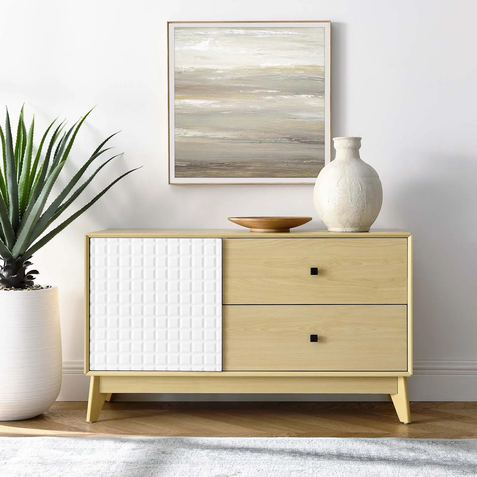Modway Nectar 43" Natural White Wood Grain Accent Cabinet - Kitchen Buffet Sideboard, Particleboard Construction, Full-Gliding Design, 132 lbs Capacity, Assembly Required