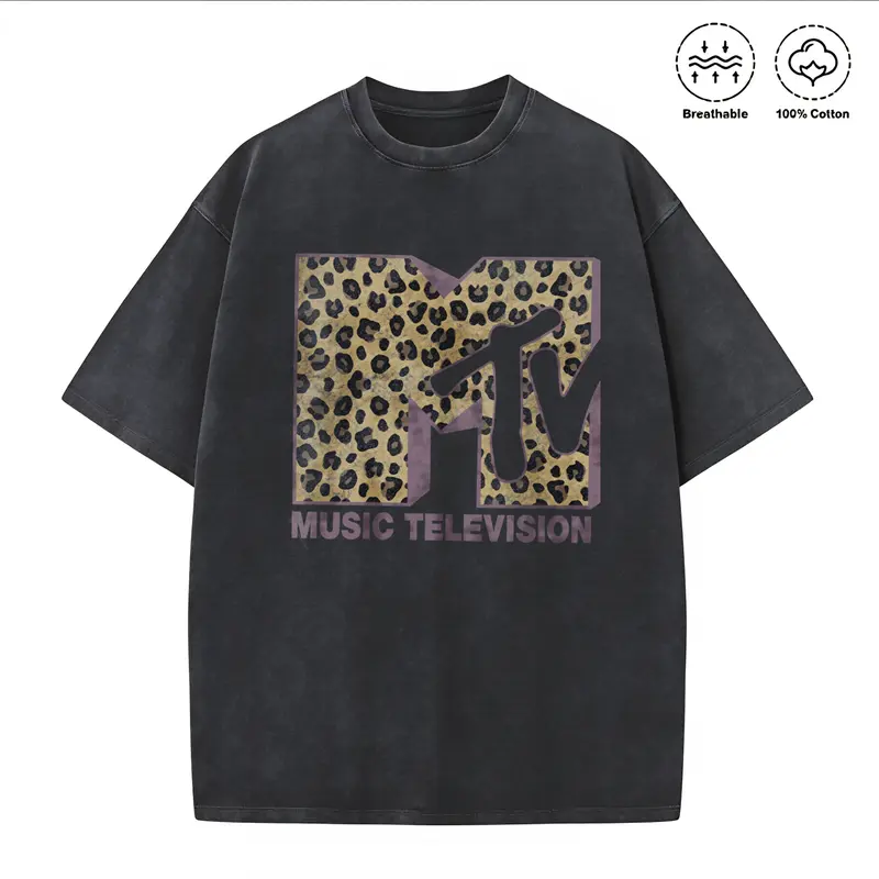 Men's Loose Casual Fit Round Neck Washed Cotton Fabric Soft Menswear T-shirt - 80s-90s Retro MTV Logo Leopard Print Short-sleeve Top, Beach/Anniversary Matching Shirt