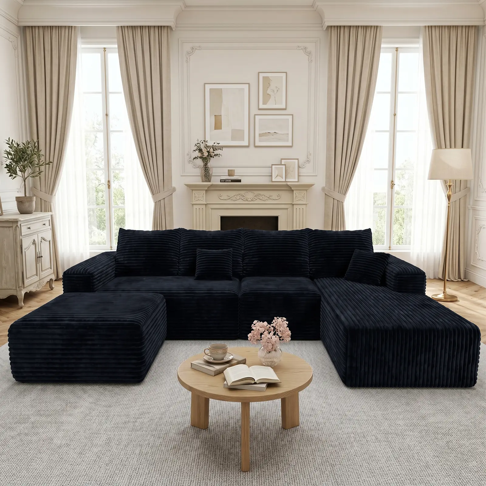 【Upgraded Version】Joylsle 138"W Deluxe Version Modular U-Shaped Corduroy Sectional Sofa, Customizable 6-Seat Couch for Large Family Gathering & Social Party, 3 Packages with 1 Extended Chaise, 1 Free-Moving Ottoman & 2 Pillows, Modern Deep Seat Furniture