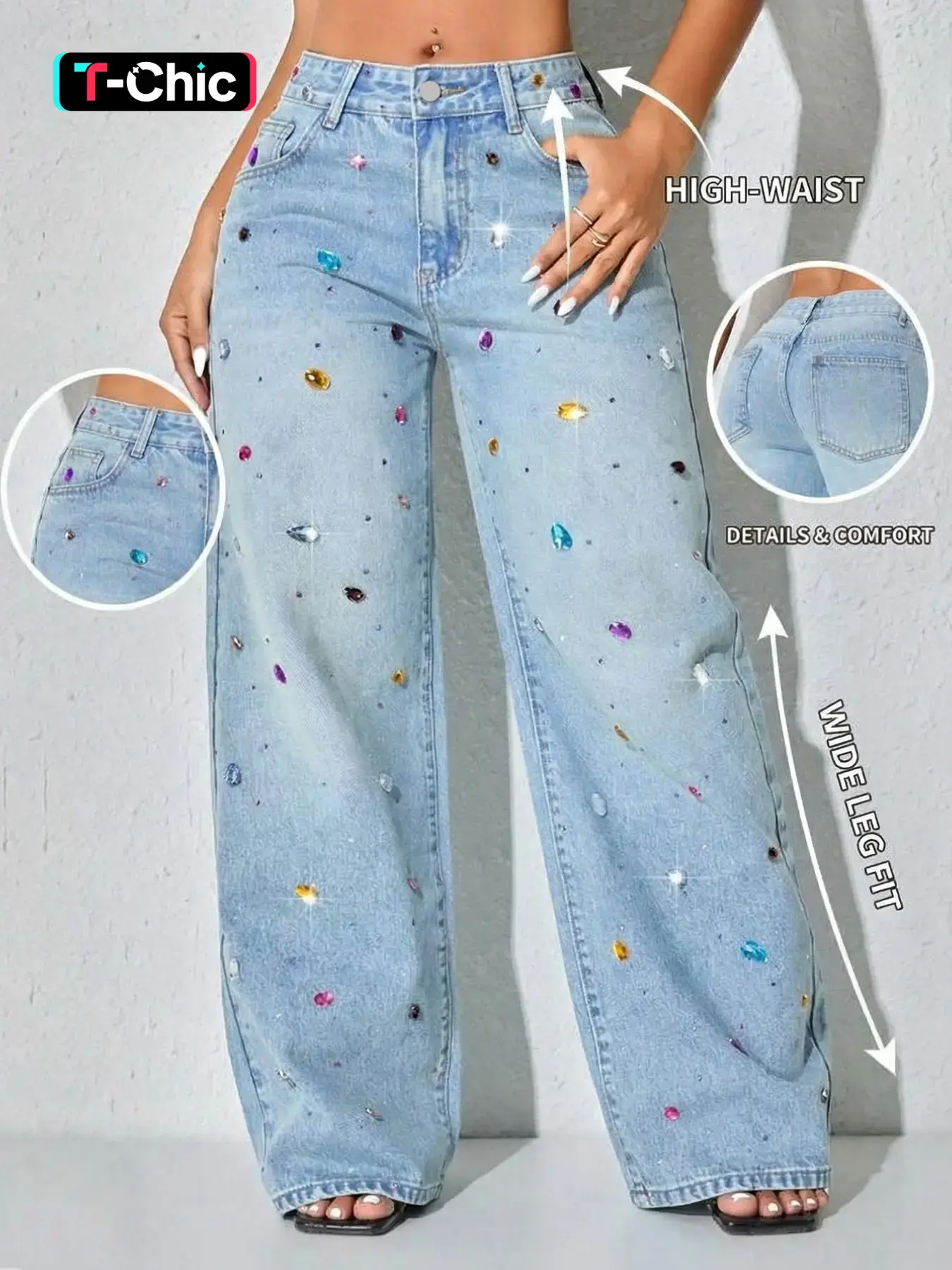 Women's New Fashion Chic Elegant High Waist Wide-Leg Fit Denim Pants, Comfortable Stretchy Soft Fabric, Rhinestone Embellishment, Trendy Casual Long Jeans for All Seasons, Womenswear