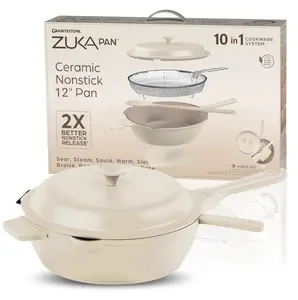 12" Zuka Pan – 6-Piece Multi-Functional Everyday Pan Set with Lid, Nylon Spoon & Steamer Basket